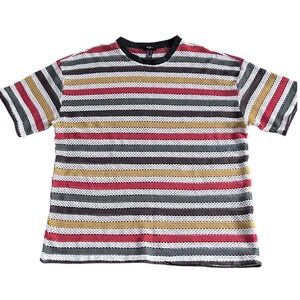 Forever 21 Men Colorful Striped‎ Crochet Open Knit Mesh T Shirt Size XL